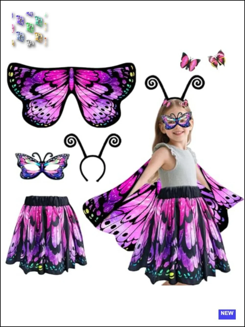 Girls Butterfly Wings Costume with Skirt Halloween Fairy Cape Dress Up Set